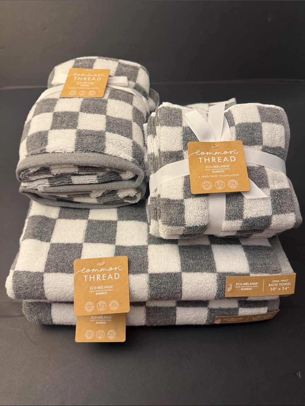 8pc COMMON THREAD Eco-Melange Bamboo Zero Twist Checkered Bath Towel Set